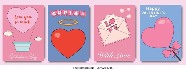 Set of minimalistic Valentine's Day cards with romantic messages, hearts, envelopes, and decorative elements. Templates for celebration, ads, branding, banner, cover, label, poster, sales