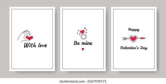 Set of minimalistic Valentine's Day cards in doodle style. Hand lettering. Cute greeting covers, posters, vertical banners. Vector illustration