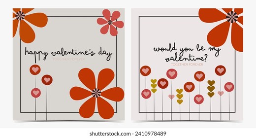Set of minimalistic Valentine's Day greeting cards, posters, templates, labels, flyers with flowers and hearts
