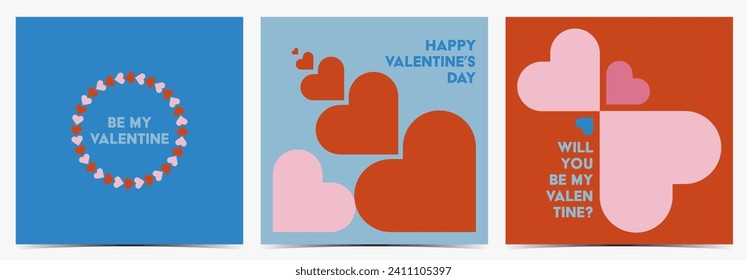 Set of minimalistic Valentine's Day greeting cards, posters, templates, labels with red and pink hearts