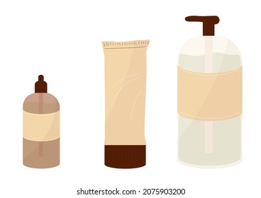 Set of minimalistic vector cosmetic products in a flat style. Gel, soap, shampoo, mask, serum, cream. Personal care products isolated on white background
