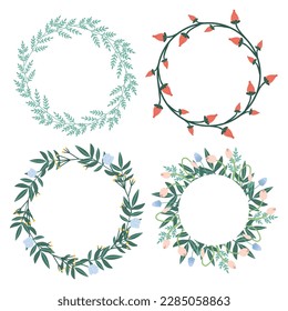Conjunto de vectores minimalistas de coronas redondas de hierbas y flores, tulipanes, helechos, rosas sobre blanco