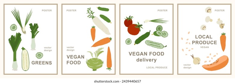 Set of minimalistic vegan posters. Vector illustration. Geometric style vegetables.