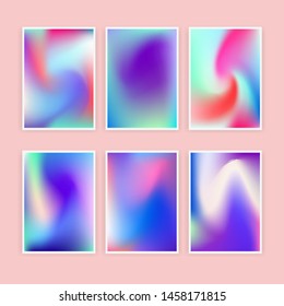 Set of minimalistic vibrant holographic pastel backgrounds. Blurry swirls and gradient of colors: pink, blue, violet, purple, green. Vaporwave/ retrowave 80s-90s retro style aesthetics.