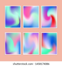 Set of minimalistic vibrant holographic pastel backgrounds. Blurry swirls and gradient of colors: pink, blue, violet, purple, green. Vaporwave/ retrowave 80s-90s retro style aesthetics.