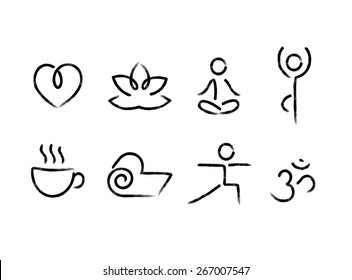 Set of minimalistic yoga icons with hand drawn brushstroke feel.