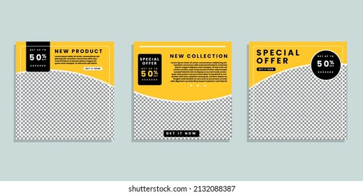 Set of minimally editable square banner templates. Black and yellow background color with stripes shape. Suitable for social media posting and web internet advertising. Vector illustration with photo