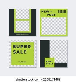 Set of minimally editable square banner templates. The background color is black and fluorescent green. Suitable for social media posting and web internet advertising