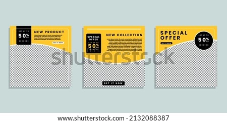 Set of minimally editable square banner templates. Black and yellow background color with stripes shape. Suitable for social media posting and web internet advertising. Vector illustration with photo