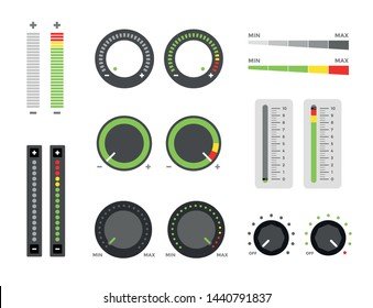 set of minimum - maximum control knob and slider, for volume music control and household appliances, vector illustration