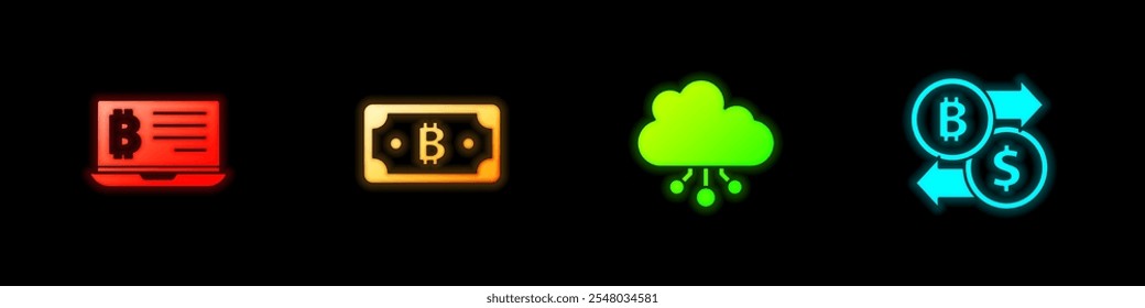 Set Mining bitcoin from laptop, Cryptocurrency, cloud mining and exchange icon. Vector