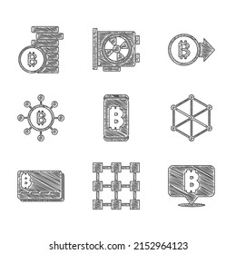Set Mining bitcoin from mobile, Blockchain technology, Bitcoin, Credit card with,  and  icon. Vector