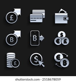 Set Mining bitcoin from mobile, Coin money with dollar, Cryptocurrency exchange, Currency, pound, Financial growth and, Wallet and  icon. Vector