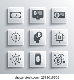 Set Mining bitcoin from mobile, Bitcoin, CPU mining farm, think, Blockchain technology, the target, Cryptocurrency and Credit card with icon. Vector