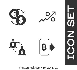 Ajuste el bitcoin de la minería en el móvil, el cambio de dinero, la moneda y el icono de flecha de porcentaje hacia arriba. Vector