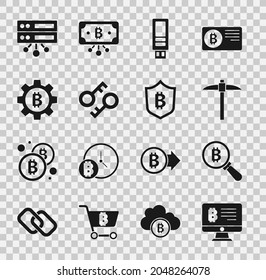 Set Mining bitcoin from monitor, Magnifying glass with Bitcoin, Pickaxe, USB flash drive, Cryptocurrency key, Server and Shield icon. Vector