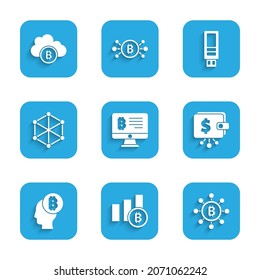 Set Mining bitcoin from monitor, Pie chart infographic, Blockchain technology Bitcoin, Cryptocurrency wallet, think, USB flash drive and cloud mining icon. Vector