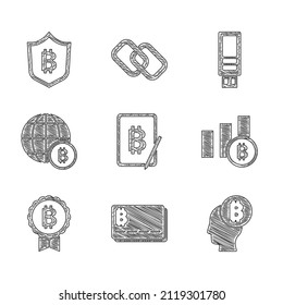 Set Mining bitcoin from tablet, Credit card with, Bitcoin think, Pie chart infographic, Globe, USB flash drive and Shield icon. Vector