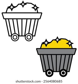 Set of mining cart icon. Mining cart filled with gold