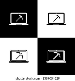 Set Mining concept with laptop and pickaxe icons on black and white background. Blockchain technology, cryptocurrency mining, digital money market. Line, outline and linear icon. Vector Illustration