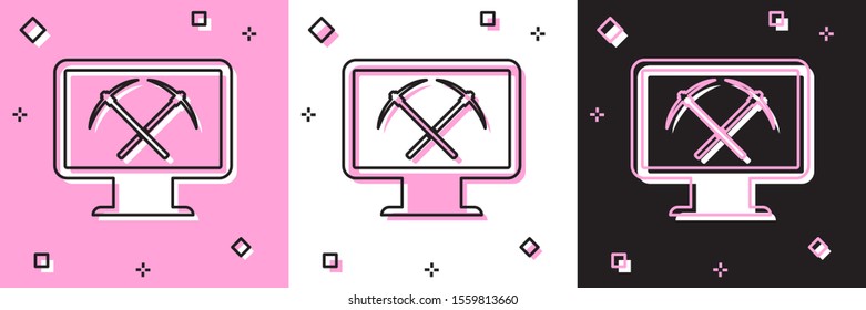 Set Mining concept with laptop and pickaxe icon isolated on pink and white, black background. Blockchain technology, cryptocurrency mining, digital money market.  Vector Illustration