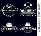 Set of mining or construction logos, badges, emblems and labels in vintage style. Monochrome Graphic Art. Vector Illustration. Isolated on white background.
