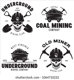 Set of mining or construction logos, badges, emblems and labels in vintage style. Monochrome Graphic Art. Vector Illustration. Isolated on white background.