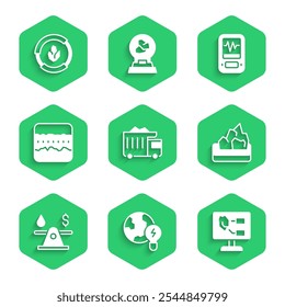 Definir caminhão de despejo de mineração, Planeta global com lâmpada, Análise do solo, Mineração, Dinheiro do petróleo, camadas de solo, Sismógrafo e ícone. Vetor