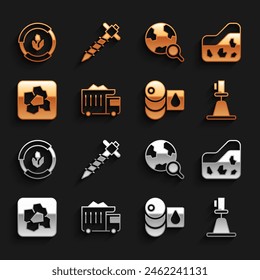 Set Mining dump truck, Ground, Tacheometer, theodolite, Barrel oil, Gold nugget, Magnifying glass with globe, Soil analysis and Construction jackhammer icon. Vector