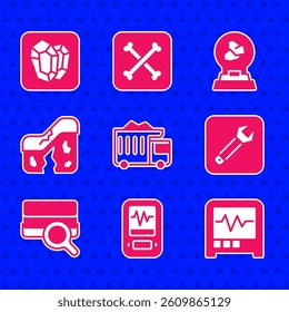 Set Mining dump truck, Seismograph, Wrench spanner, Soil analysis, Geological fault, Exhibition with minerals, rocks and Gem stone icon. Vector