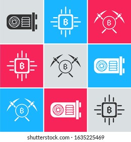 Set Mining farm, CPU mining farm and Crossed pickaxe icon. Vector