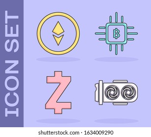 Set Mining farm, Cryptocurrency coin Ethereum ETH, Cryptocurrency coin Zcash ZEC and CPU mining farm icon. Vector