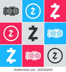 Set Mining farm, Cryptocurrency coin Zcash ZEC and Cryptocurrency coin Zcash ZEC icon. Vector
