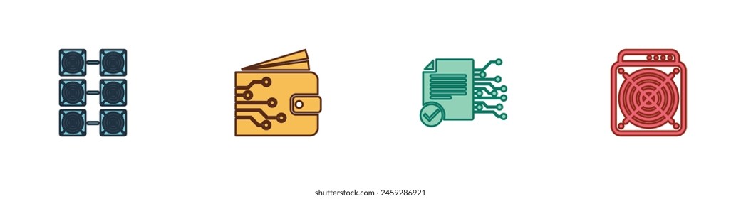Set Mining farm, Cryptocurrency wallet, Smart contract and ASIC Miner icon. Vector