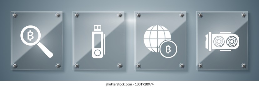 Set Mining farm, Globe and cryptocurrency coin Bitcoin, USB flash drive and Magnifying glass with Bitcoin. Square glass panels. Vector