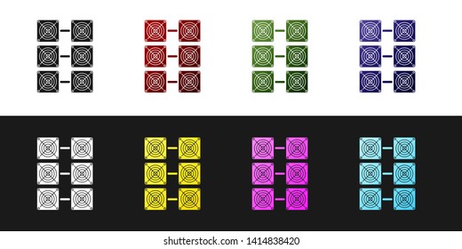Set Mining farm icon isolated on black and white background. Cryptocurrency mining, blockchain technology, bitcoin, digital money market, cryptocoin wallet. Vector Illustration