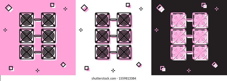 Set Mining farm icon isolated on pink and white, black background. Cryptocurrency mining, blockchain technology, bitcoin, digital money market, cryptocoin wallet.  Vector Illustration