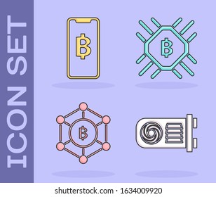 Set Mining farm, Phone mobile and cryptocurrency coin Bitcoin, Blockchain technology Bitcoin and CPU mining farm icon. Vector