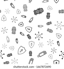 Set Mining farm, USB flash drive, Blockchain technology Ethereum ETH and Shield Ethereum ETH on seamless pattern. Vector
