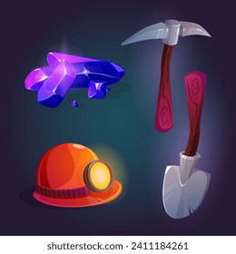 Conjunto de activos de juegos de minería de datos aislados en segundo plano. Ilustración de dibujos animados de mineros y pila de minerales púrpura, pala metálica antigua y pickaxe, casco con faro, herramientas de saqueo