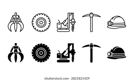 Set of mining and heavy excavation equipment icons including grabber claw, tire, drill rig, pickaxe, and miner helmet vector elements