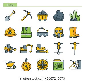 Conjunto de ícones de mineração com ferramentas, máquinas pesadas, equipamentos de segurança e minerais. Ícones editáveis de vetor