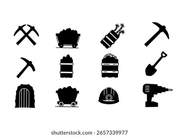 Conjunto de ícones de mineração. Empacotamento de ícones da silhueta. ilustração vetorial