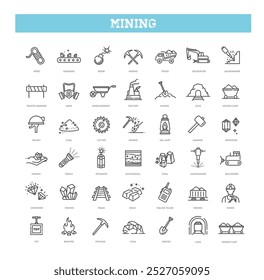 Set of mining icons. Vector flat outline symbols