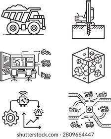 Set of mining and industrial machinery line icons showing operations and control systems