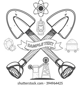Set mining industry objects: a shovel, mine, trolley, coal oil lamp.