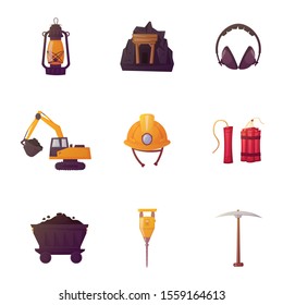 Set of mining industry vector illustration isolated on white background. Heavy industry extraction coal. Mine, miner tools, coal trolley, protect equipments, excavator, dynamite, lantern
