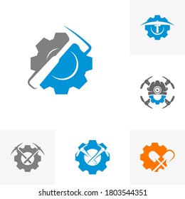 Set of Mining logo template with Gear. Stylish monochrome vector illustration.