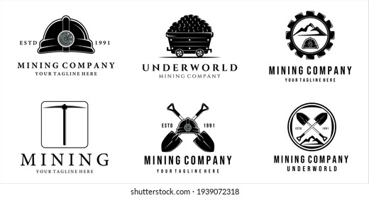 set of mining logo vector vintage illustration template design . mining cart helmet shovel trowel pickax or pickaxe tools logo bundle collection mining concept illustration design