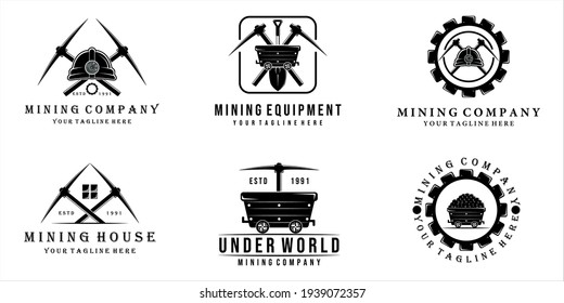 conjunto de diseño de plantillas de ilustraciones vectoriales del logotipo de minería de datos. casco de carrito de minería pala trowel pickax o herramientas de pickaxe logo conjunto colección minería concepto de ilustración diseño